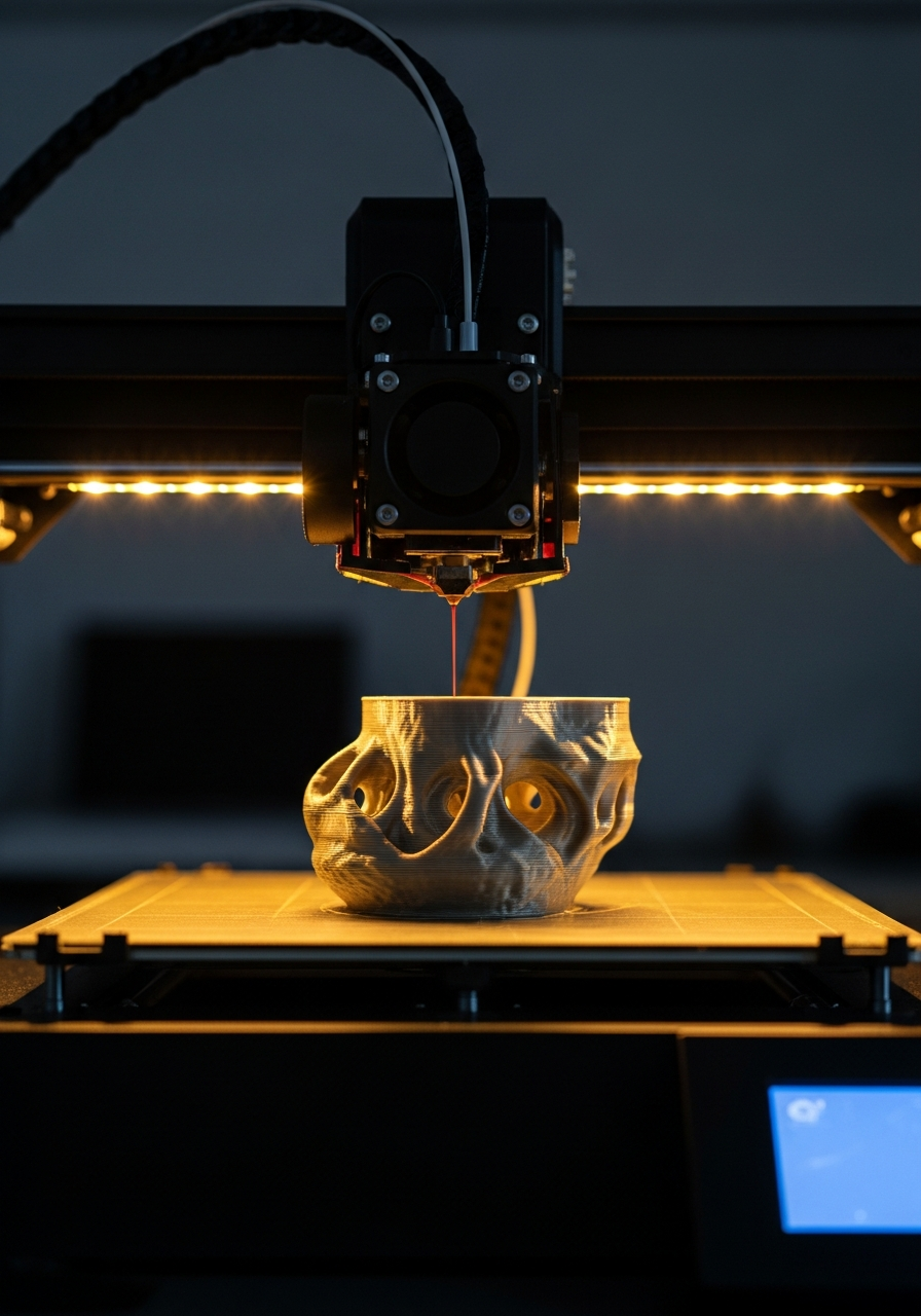 3D-Drucker in Aktion mit blauem Licht